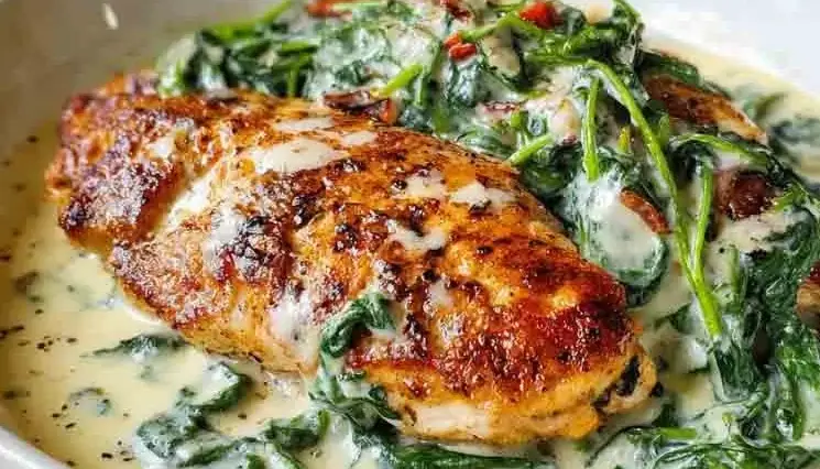 Golden-seared chicken breasts served in a creamy garlic parmesan sauce with wilted spinach and red pepper flakes, plated in a white bowl.