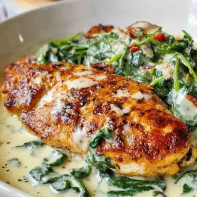 Close-up of creamy Chicken Florentine in a white bowl, featuring golden-seared chicken breast served over wilted spinach in a rich parmesan garlic sauce.