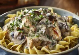 Close-up of creamy chicken mushroom stroganoff served over egg noodles, garnished with chopped parsley and sautéed mushrooms in a bowl