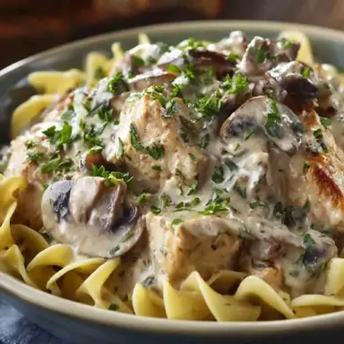 A bowl of creamy chicken mushroom stroganoff served over egg noodles, topped with fresh parsley and sautéed mushrooms