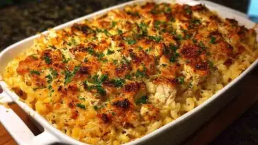 Close-up of golden, cheesy Chicken Rice a Roni Casserole baked in a white dish, topped with crispy breadcrumbs and fresh parsley