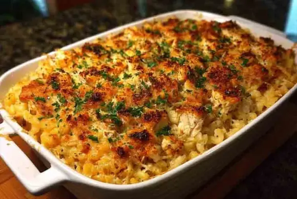 Close-up of golden, cheesy Chicken Rice a Roni Casserole baked in a white dish, topped with crispy breadcrumbs and fresh parsley