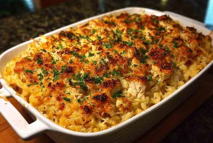 Close-up of golden, cheesy Chicken Rice a Roni Casserole baked in a white dish, topped with crispy breadcrumbs and fresh parsley