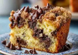Moist slice of chocolate chip coffee cake with rich cinnamon streusel topping and melted chocolate chips, served on a patterned plate.