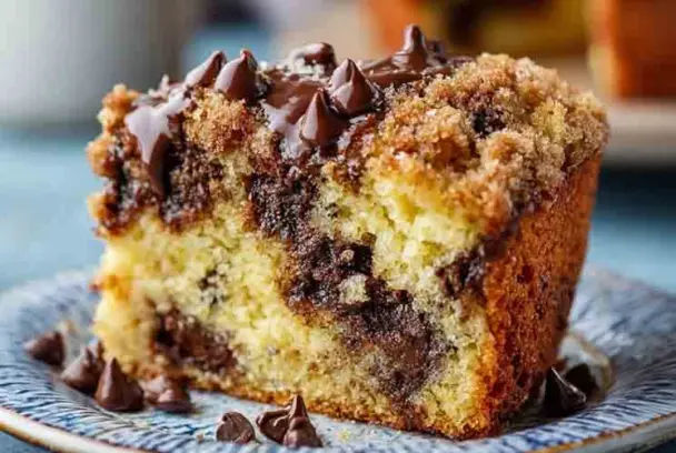 Moist slice of chocolate chip coffee cake with rich cinnamon streusel topping and melted chocolate chips, served on a patterned plate.