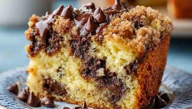 Moist slice of chocolate chip coffee cake with rich cinnamon streusel topping and melted chocolate chips, served on a patterned plate.