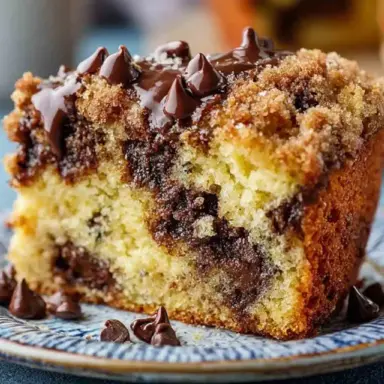 Close-up of a slice of chocolate chip coffee cake topped with melted chocolate chips and a crumbly cinnamon streusel on a blue patterned plate.
