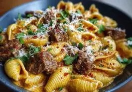 Creamy paprika steak shells in a deep plate, featuring tender beef chunks, shell pasta drenched in paprika cream sauce, and garnished with chopped herbs and grated cheese.