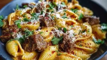 Creamy paprika steak shells in a deep plate, featuring tender beef chunks, shell pasta drenched in paprika cream sauce, and garnished with chopped herbs and grated cheese.