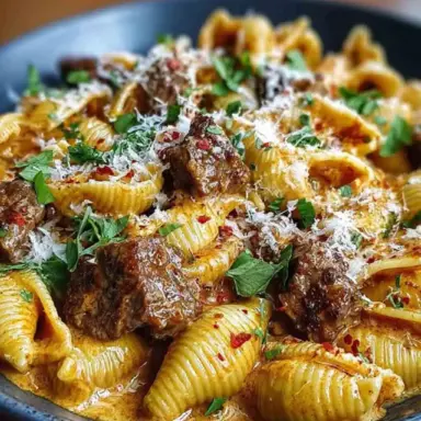 A close-up of creamy paprika steak shells in a black bowl, featuring seared steak chunks, shell pasta coated in a rich paprika cream sauce, and garnished with fresh herbs and grated cheese.