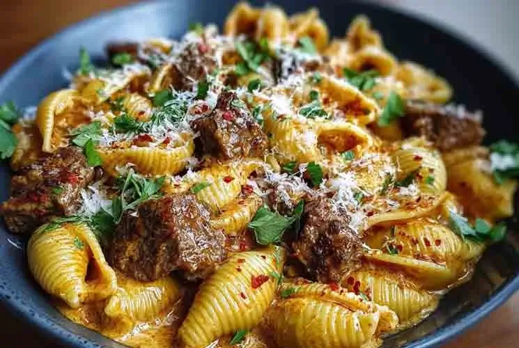 Creamy paprika steak shells in a deep plate, featuring tender beef chunks, shell pasta drenched in paprika cream sauce, and garnished with chopped herbs and grated cheese.