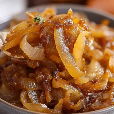 Close-up of tender, golden CrockPot caramelized onions served in a bowl, glistening with rich, sweet flavor and garnished with a sprig of thyme.