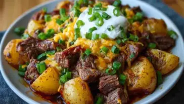 Plate of Crockpot Loaded Steak and Potato Bake topped with melted cheese, sour cream, and chopped green onions, featuring tender beef and golden potatoes.