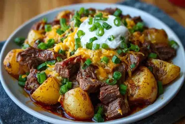 Plate of Crockpot Loaded Steak and Potato Bake topped with melted cheese, sour cream, and chopped green onions, featuring tender beef and golden potatoes.