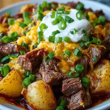 Close-up of Crockpot Loaded Steak and Potato Bake featuring tender beef cubes, golden potatoes, melted cheddar cheese, sour cream, and green onions.