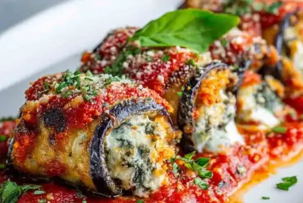 Golden-baked eggplant rollatini filled with spinach and ricotta, topped with marinara sauce, melted cheese, grated parmesan, and garnished with fresh basil on a white plate.
