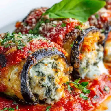 Close-up of baked eggplant rollatini filled with creamy ricotta and spinach, topped with marinara, melted cheese, fresh herbs, and a basil garnish on a white plate.