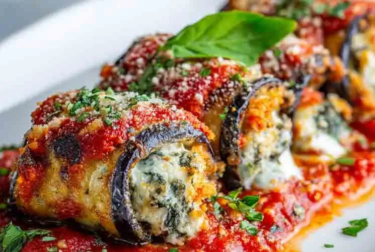 Golden-baked eggplant rollatini filled with spinach and ricotta, topped with marinara sauce, melted cheese, grated parmesan, and garnished with fresh basil on a white plate.
