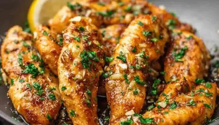 Golden brown garlic butter chicken tenders garnished with chopped parsley, glistening in a skillet with garlic bits and a lemon wedge in the background.