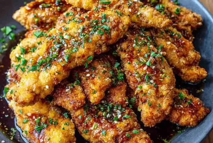 Pile of crispy golden garlic butter chicken tenders on a dark plate, coated in a rich butter glaze and sprinkled with chopped parsley and sesame seeds.
