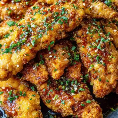 Close-up of golden crispy garlic butter chicken tenders topped with chopped parsley and sesame seeds, served on a dark plate with melted garlic butter sauce.