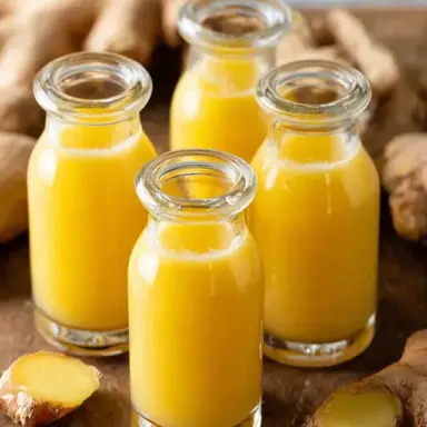 Four small glass bottles filled with vibrant yellow homemade ginger shots, placed on a rustic wooden surface with fresh ginger root in the background.