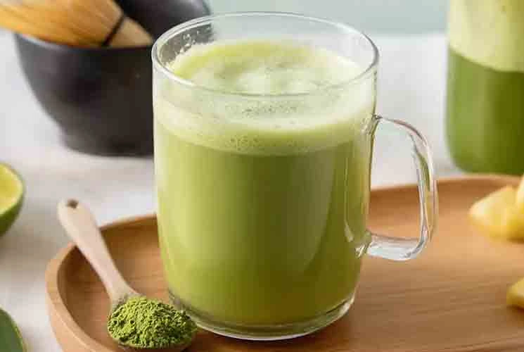 A glass mug of Japanese Mounjaro weight loss drink made with matcha and citrus, resting on a wooden tray beside a spoonful of matcha powder, fresh lime, and ginger in the background.