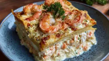 A slice of shrimp and crab seafood lasagna with creamy white sauce, topped with whole shrimp and fresh parsley, served on a blue ceramic plate.