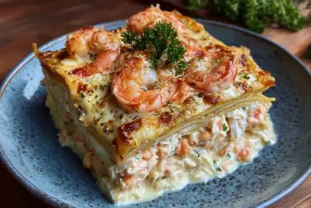 A slice of shrimp and crab seafood lasagna with creamy white sauce, topped with whole shrimp and fresh parsley, served on a blue ceramic plate.