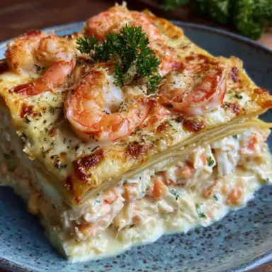A close-up of creamy seafood lasagna layered with shrimp, crab, and white sauce, topped with broiled shrimp and fresh parsley on a rustic blue plate.