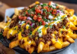 A skillet filled with golden fries loaded with seasoned ground beef, melted cheddar cheese, sour cream, diced tomatoes, red onions, and chopped parsley.