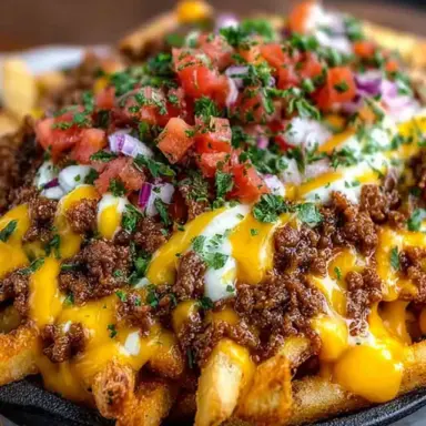 Close-up of loaded cheese beef fries topped with ground beef, melted cheddar, sour cream, diced tomatoes, red onions, and chopped parsley on a hot skillet.