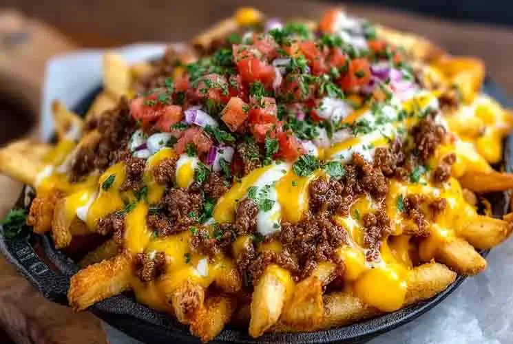 A skillet filled with golden fries loaded with seasoned ground beef, melted cheddar cheese, sour cream, diced tomatoes, red onions, and chopped parsley.