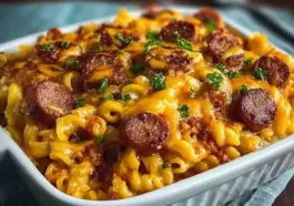 Overhead view of a cheesy chili cheese dog pasta bake topped with sliced hot dogs and parsley in a white casserole dish.