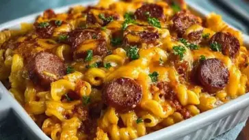 Overhead view of a cheesy chili cheese dog pasta bake topped with sliced hot dogs and parsley in a white casserole dish.