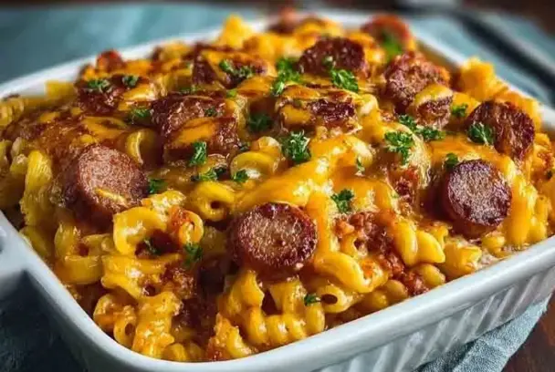 Overhead view of a cheesy chili cheese dog pasta bake topped with sliced hot dogs and parsley in a white casserole dish.