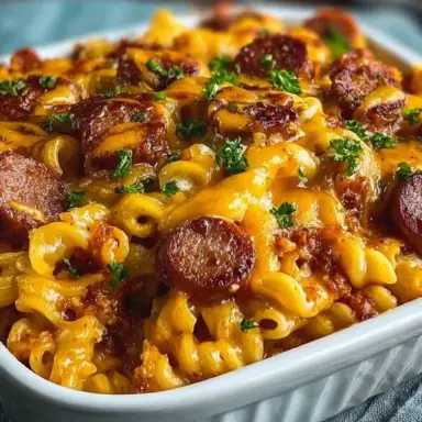 Cheesy baked chili cheese dog pasta casserole topped with sliced hot dogs, fresh parsley, and melted cheddar in a white baking dish.