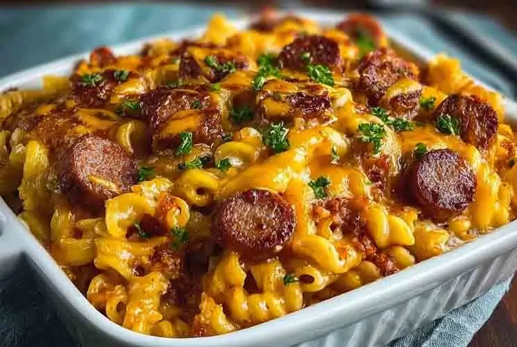 Overhead view of a cheesy chili cheese dog pasta bake topped with sliced hot dogs and parsley in a white casserole dish.