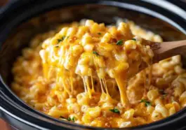 Cheesy slow cooker mac and cheese being scooped from a black crockpot with a wooden spoon, showing melted cheese strings and tender elbow pasta.