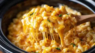 Cheesy slow cooker mac and cheese being scooped from a black crockpot with a wooden spoon, showing melted cheese strings and tender elbow pasta.