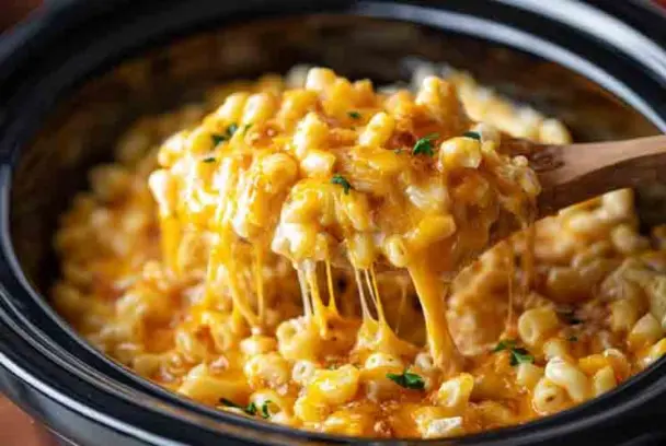 Cheesy slow cooker mac and cheese being scooped from a black crockpot with a wooden spoon, showing melted cheese strings and tender elbow pasta.