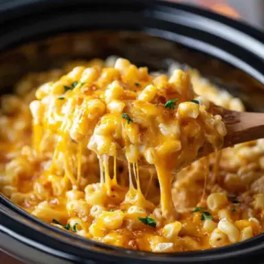 Close-up of creamy slow cooker mac and cheese being scooped with a wooden spoon, showing melted cheddar cheese and elbow pasta in a black crockpot.
