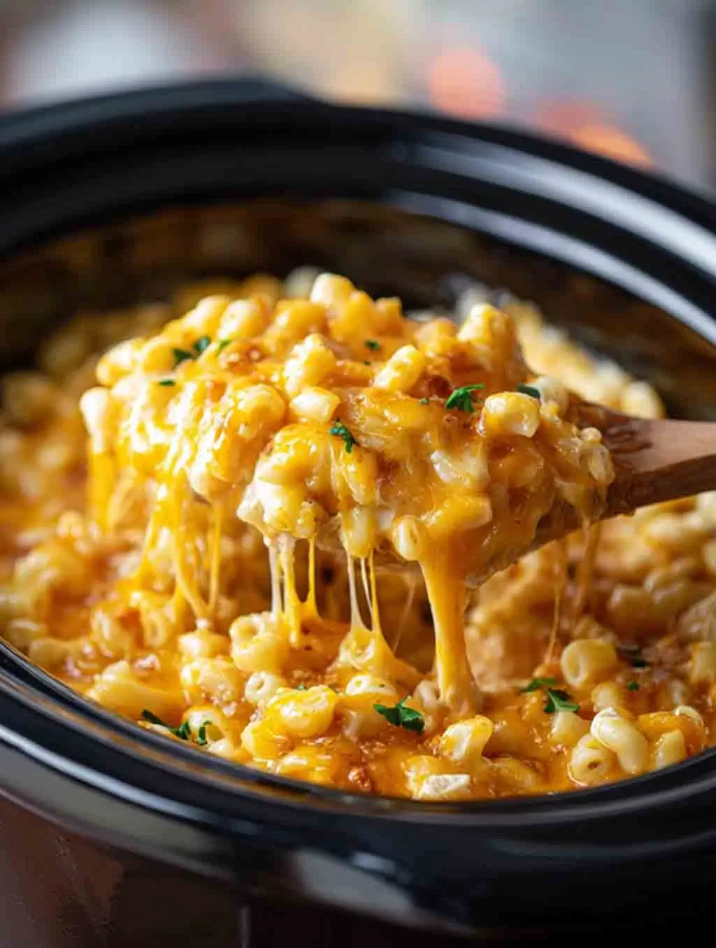 Close-up of creamy slow cooker mac and cheese being scooped with a wooden spoon, showing melted cheddar cheese and elbow pasta in a black crockpot.