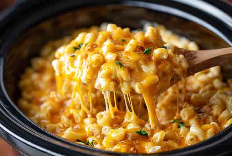 Cheesy slow cooker mac and cheese being scooped from a black crockpot with a wooden spoon, showing melted cheese strings and tender elbow pasta.