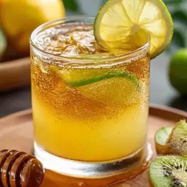 Glass of natural Mounjaro weight loss drink with lemon slice and kiwi on a wooden tray, featuring a golden, bubbly detox tonic made with ginger, lemon, and apple cider vinegar.