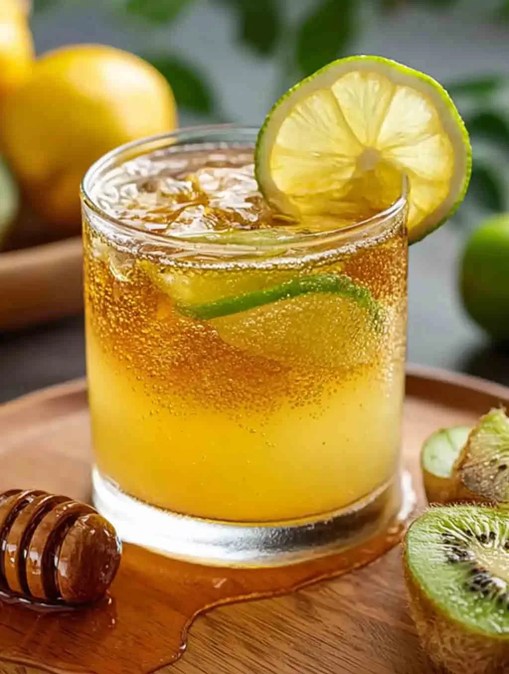 Glass of natural Mounjaro weight loss drink with lemon slice and kiwi on a wooden tray, featuring a golden, bubbly detox tonic made with ginger, lemon, and apple cider vinegar.