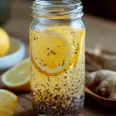 Glass jar of natural Zepbound-inspired weight loss drink made with chia seeds, lemon slices, ginger, and turmeric on a rustic wooden surface.