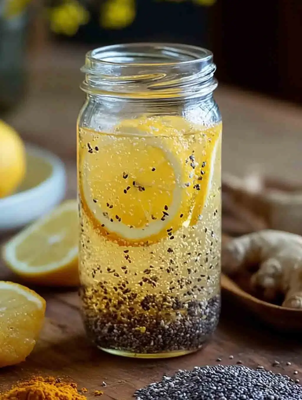 Glass jar of natural Zepbound-inspired weight loss drink made with chia seeds, lemon slices, ginger, and turmeric on a rustic wooden surface.