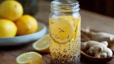 Jar of lemon chia weight loss drink inspired by natural Zepbound recipe, surrounded by fresh lemons, ginger root, and warm tones on a rustic wooden table.