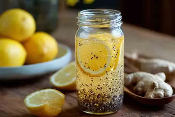 Jar of lemon chia weight loss drink inspired by natural Zepbound recipe, surrounded by fresh lemons, ginger root, and warm tones on a rustic wooden table.